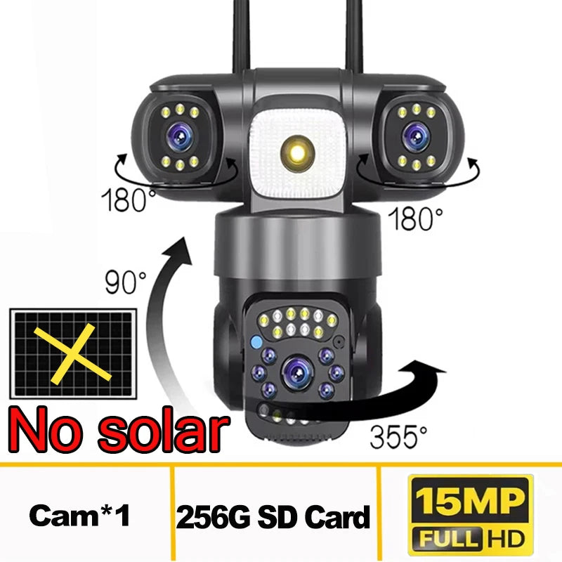 15MP 8K Wifi HD Camera Three Lenses Solar ip Camera Outdoor Wireless Waterproof PIR Night Vision AI Human Tracking Surveillance