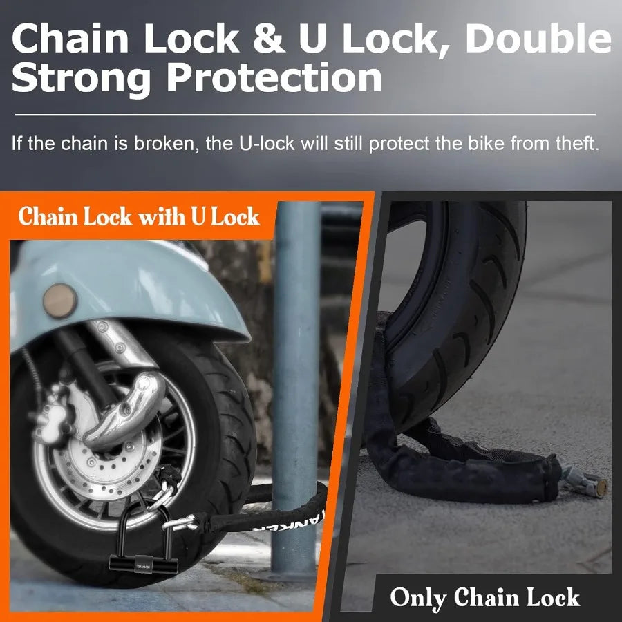 Heavy duty motorcycle chain lock with 2 keys designed for secure locking of bicycles motorbikes mopeds and scooters featuring a