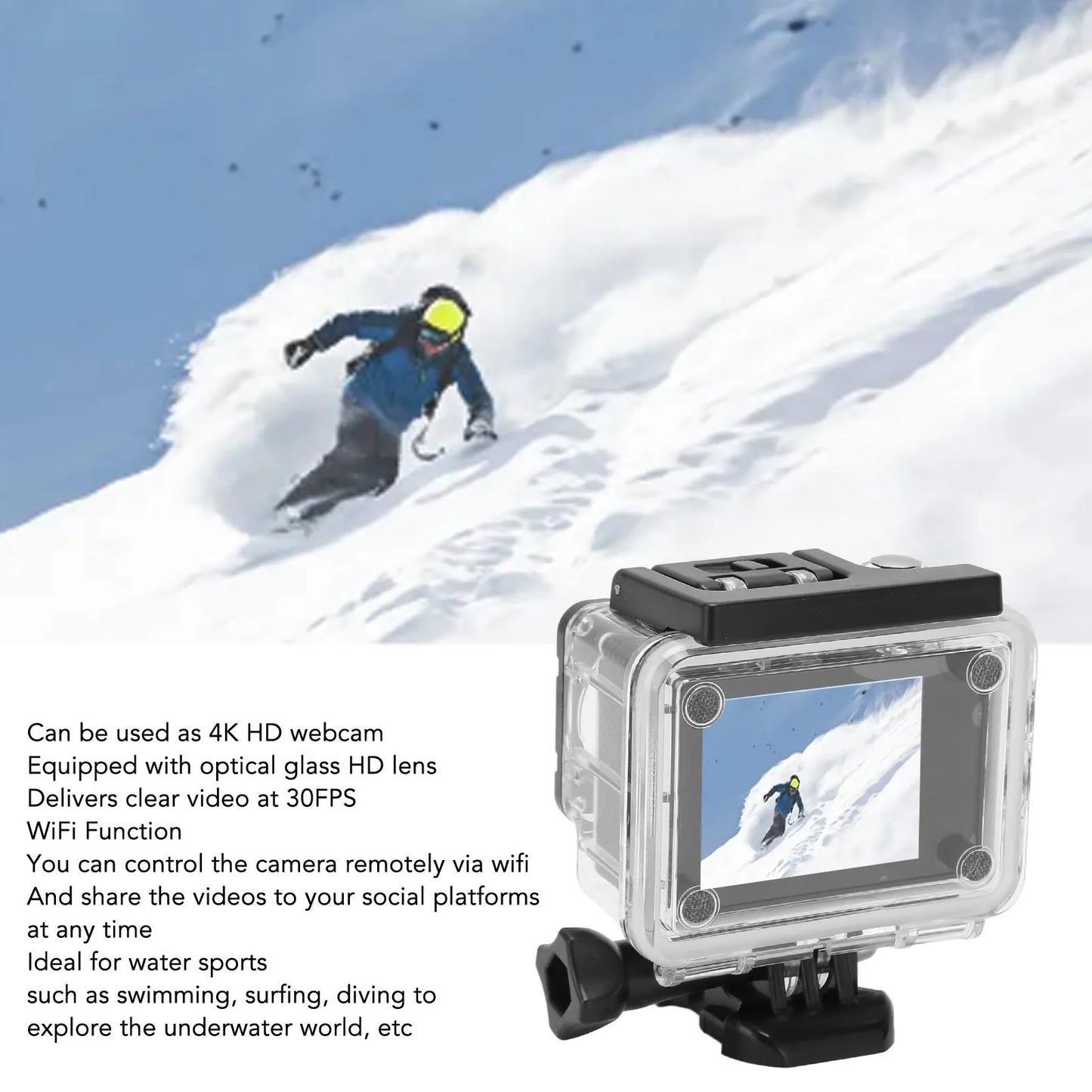 WiFi Action Camera Action Camera 4K HD 98.4ft Waterproof 2.0 Inch Screen WiFi Underwater Sports Camera for Outdoor Diving Helmet