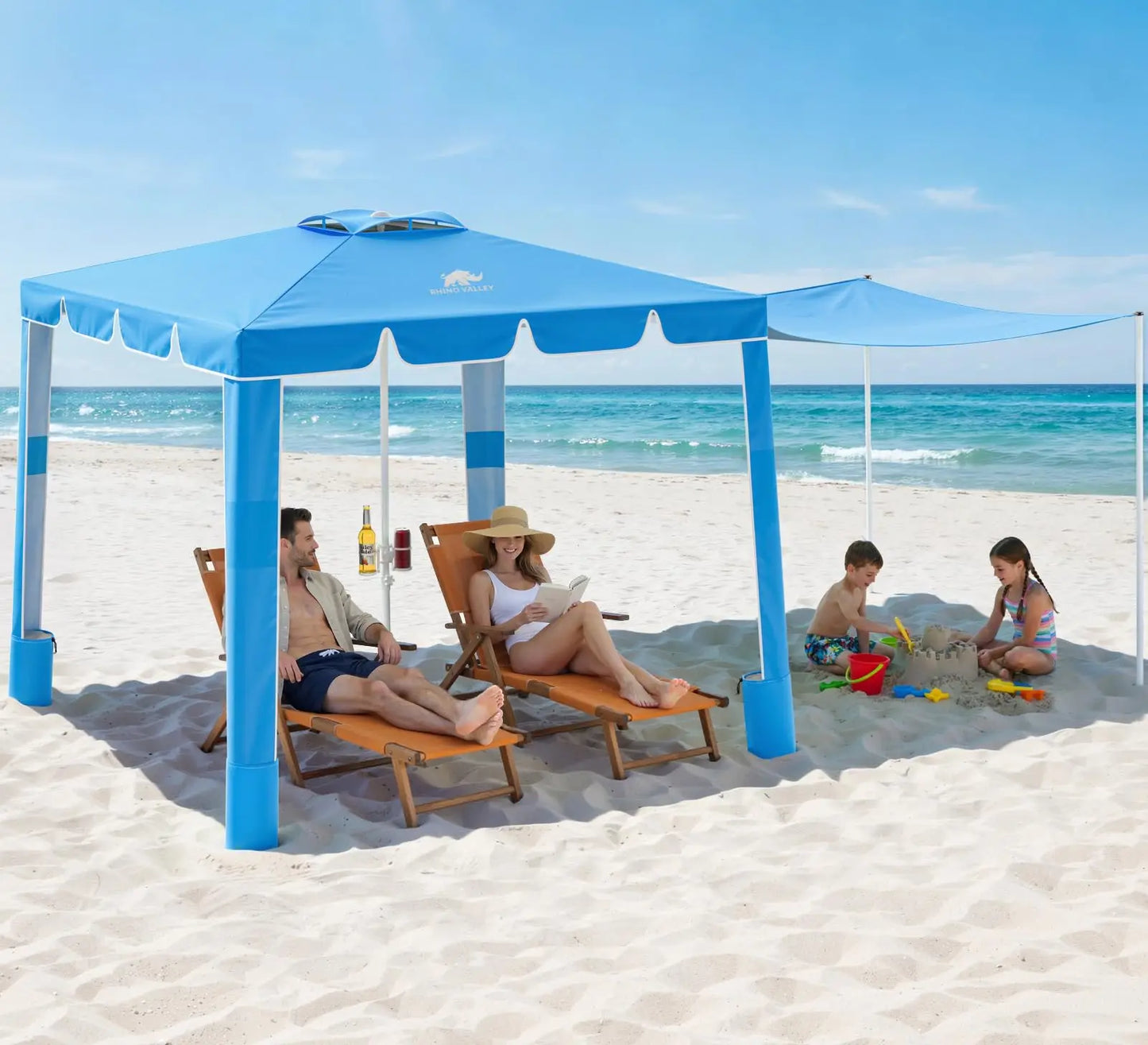 Rhino Valley Beach Cabana, 8 * 8FT Beach Tent UPF50+ Protection, Easy Setup Beach Canopy Wind Resistant with Cup Holder, Compact Beach Shade Foldable Beach Tent Sun Shelter, Light Blue Stripes