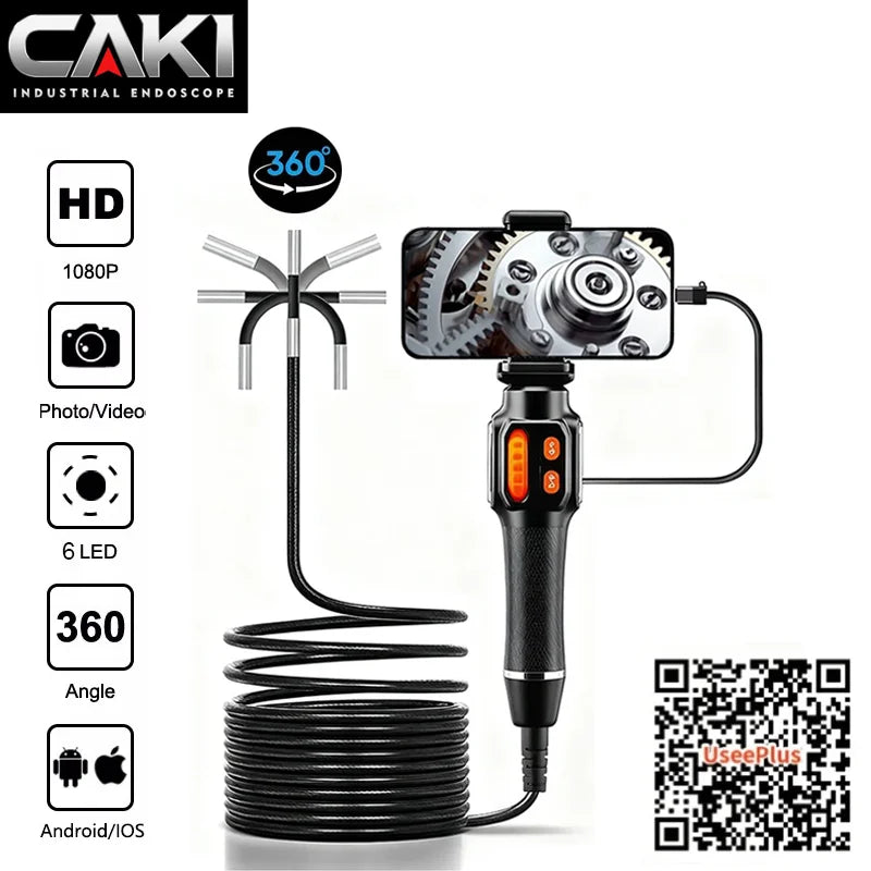 360 Degree Rotation Endoscope Inspection Camera 6.0mm Lens HD Articulated Borescope Camera for Automotive Car IOS Android 1080P