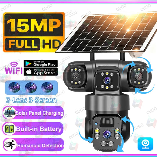 15MP 8K Wifi HD Camera Three Lenses Solar ip Camera Outdoor Wireless Waterproof PIR Night Vision AI Human Tracking Surveillance