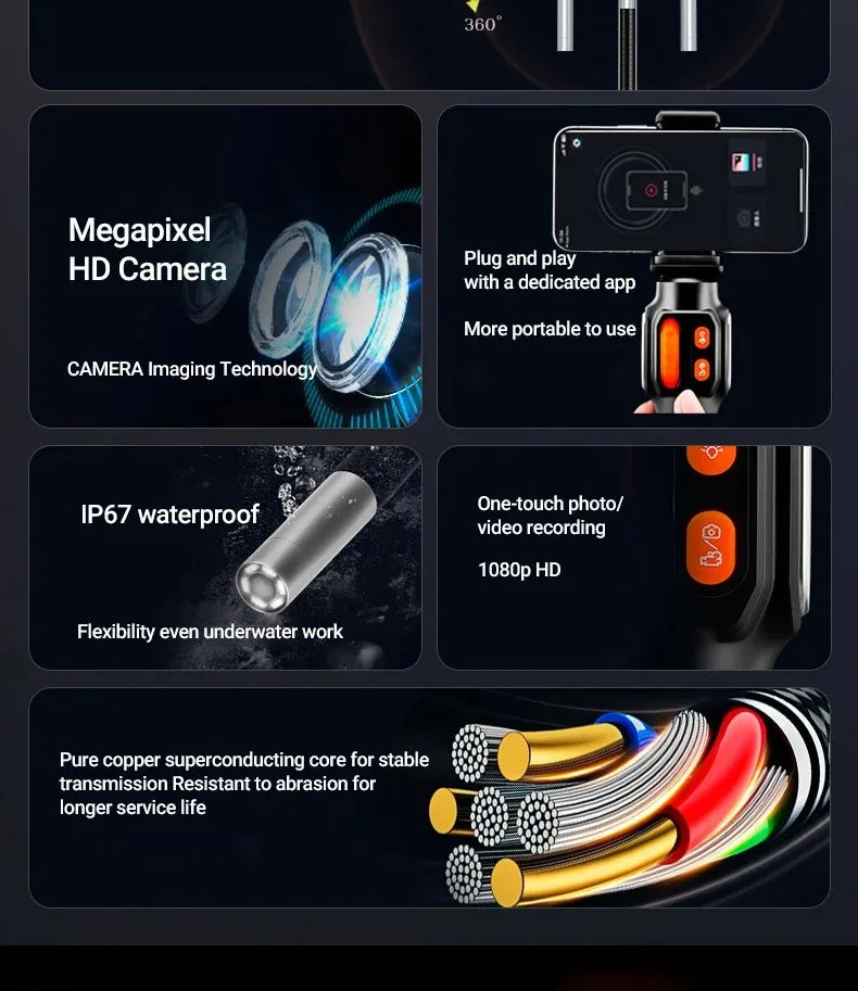 360 Degree Rotation Endoscope Inspection Camera 6.0mm Lens HD Articulated Borescope Camera for Automotive Car IOS Android 1080P