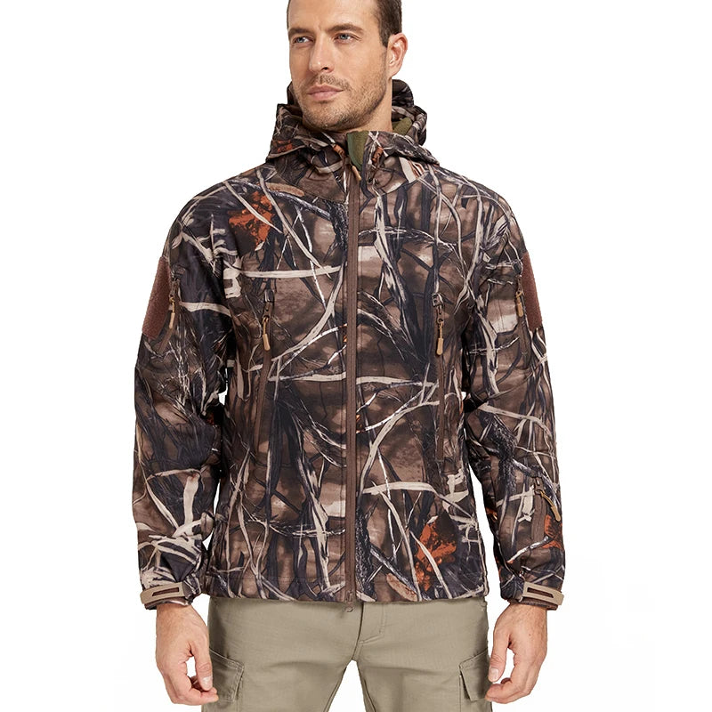 Men's Quiet Softshell Camouflage Hunting Jacket Water-Resistant Camo Tactical Jacke Men Fleece Outdoor Fising Hiking Hooded Coat