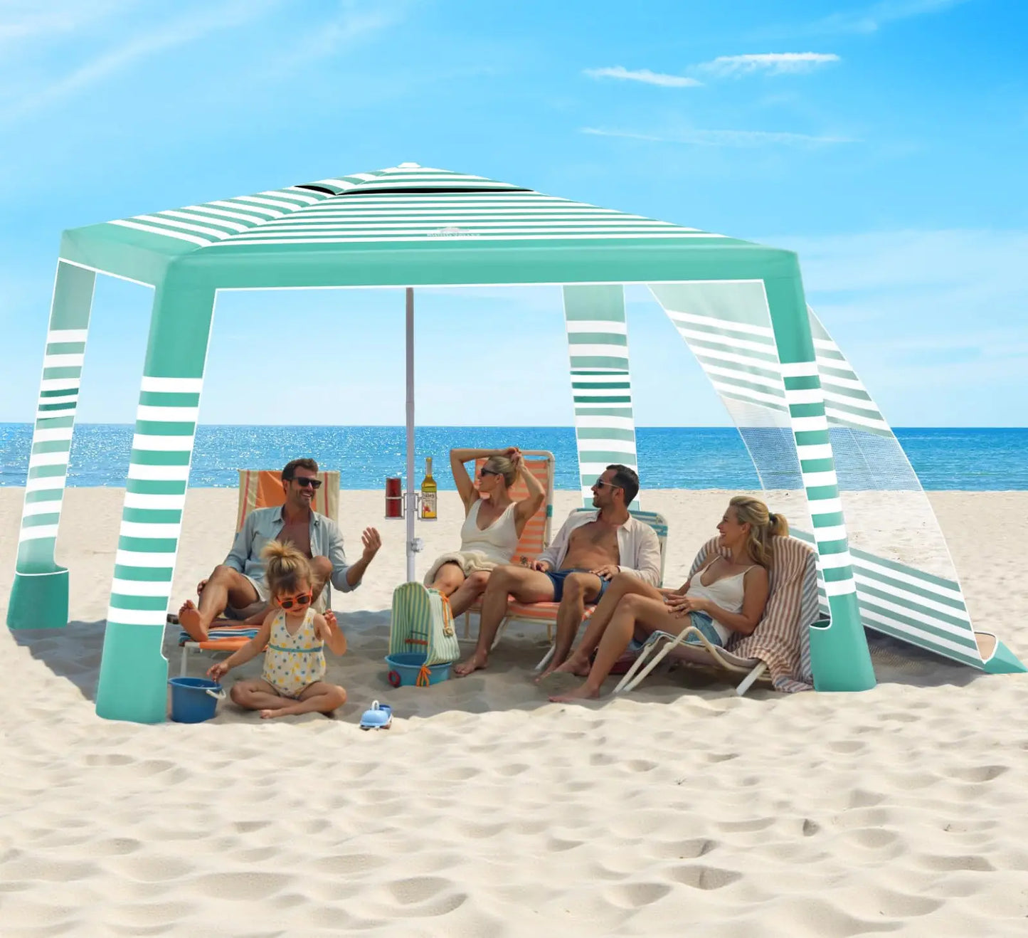 Rhino Valley Beach Cabana, 8 * 8FT Beach Tent UPF50+ Protection, Easy Setup Beach Canopy Wind Resistant with Cup Holder, Compact Beach Shade Foldable Beach Tent Sun Shelter, Light Blue Stripes