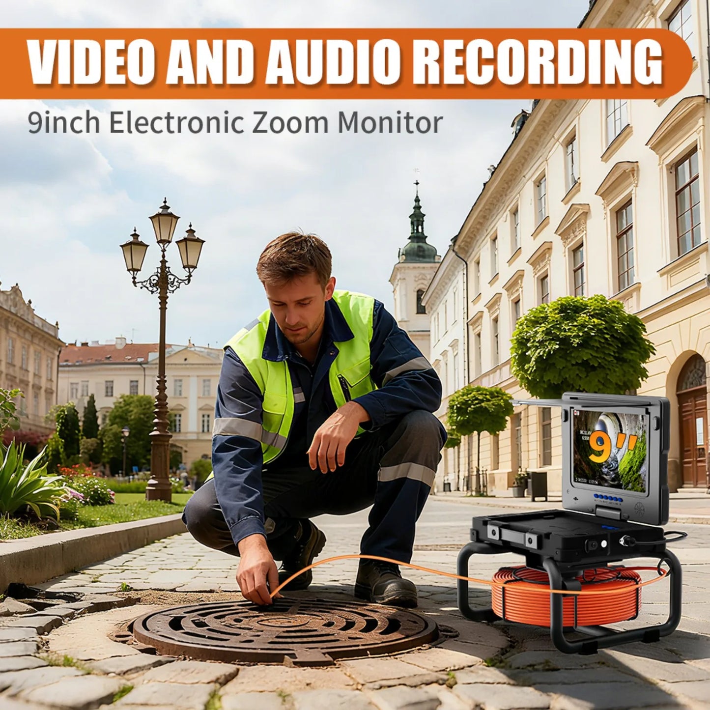9'' Waterproof Sewer Pipe Inspection Camera with 512HZ Self-Leveling Locator, Meter Counter & DVR Video Endoscope