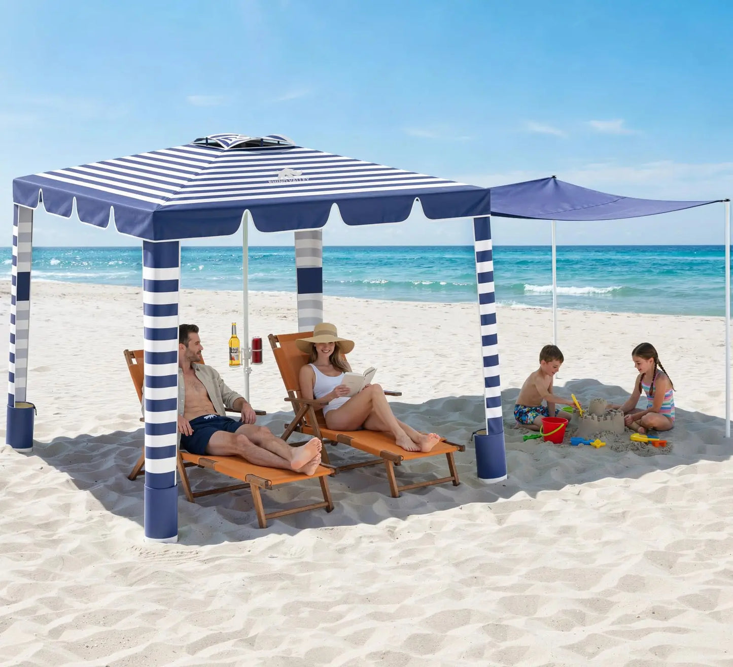 Rhino Valley Beach Cabana, 8 * 8FT Beach Tent UPF50+ Protection, Easy Setup Beach Canopy Wind Resistant with Cup Holder, Compact Beach Shade Foldable Beach Tent Sun Shelter, Light Blue Stripes