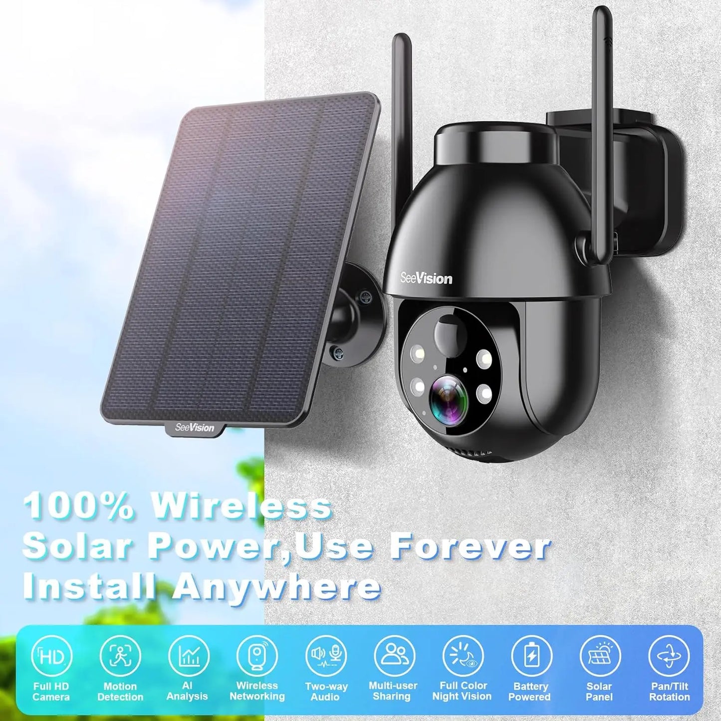 Wireless Solar Security Camera with 2K PTZ, PIR Motion Detection, Color Night Vision, and Two-Way Talk