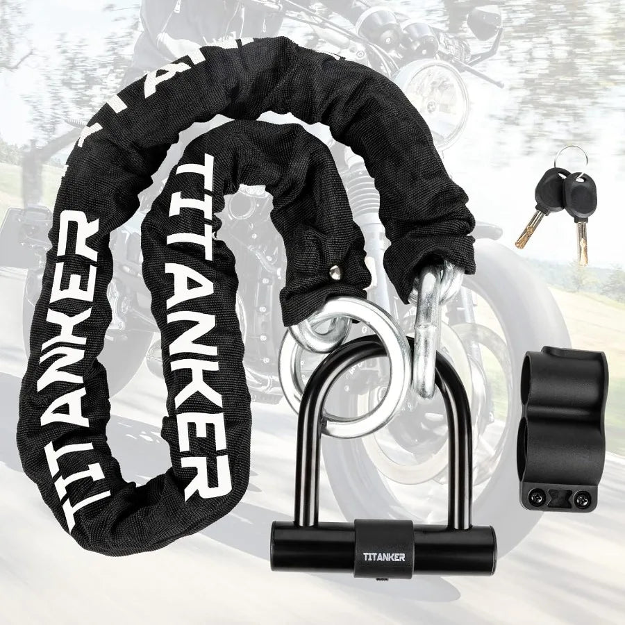 Heavy duty motorcycle chain lock with 2 keys designed for secure locking of bicycles motorbikes mopeds and scooters featuring a