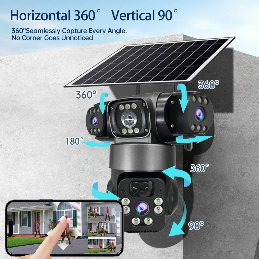 15MP 8K Wifi HD Camera Three Lenses Solar ip Camera Outdoor Wireless Waterproof PIR Night Vision AI Human Tracking Surveillance