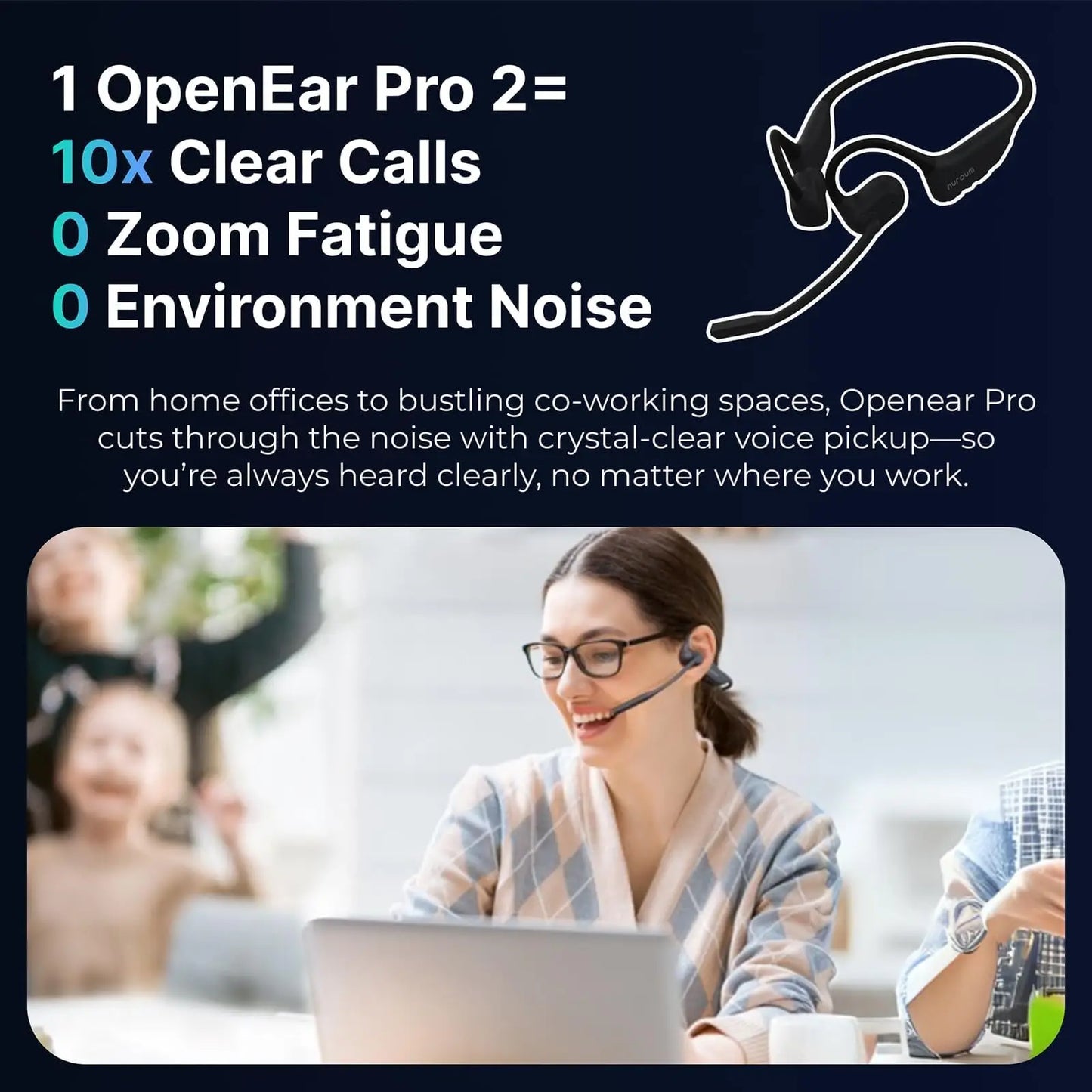 NUROUM OpenEar Pro 2 Headphones with Mic, Noise Reduction Earphone Bluetooth, Open Ear Wireless Lightweight Earbuds for Work