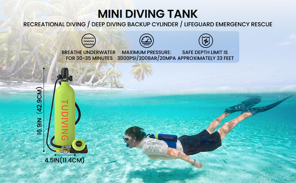 TUDIVING-2L Portable Scuba Tank Support 30-45 Minutes Breath,Refillable Diving Tank for Underwater Works